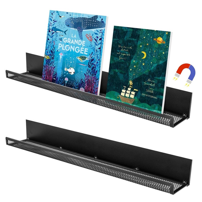 Mofuiry 2 Pack Metal Magnetic Book Shelf for Whiteboard Classroom, 17Inch Floating Book Display Shelves Heavy Duty Magnetic Book Holder Magnet Refrigerator Organizer for Kid Room Office Teacher Storage - Image 1